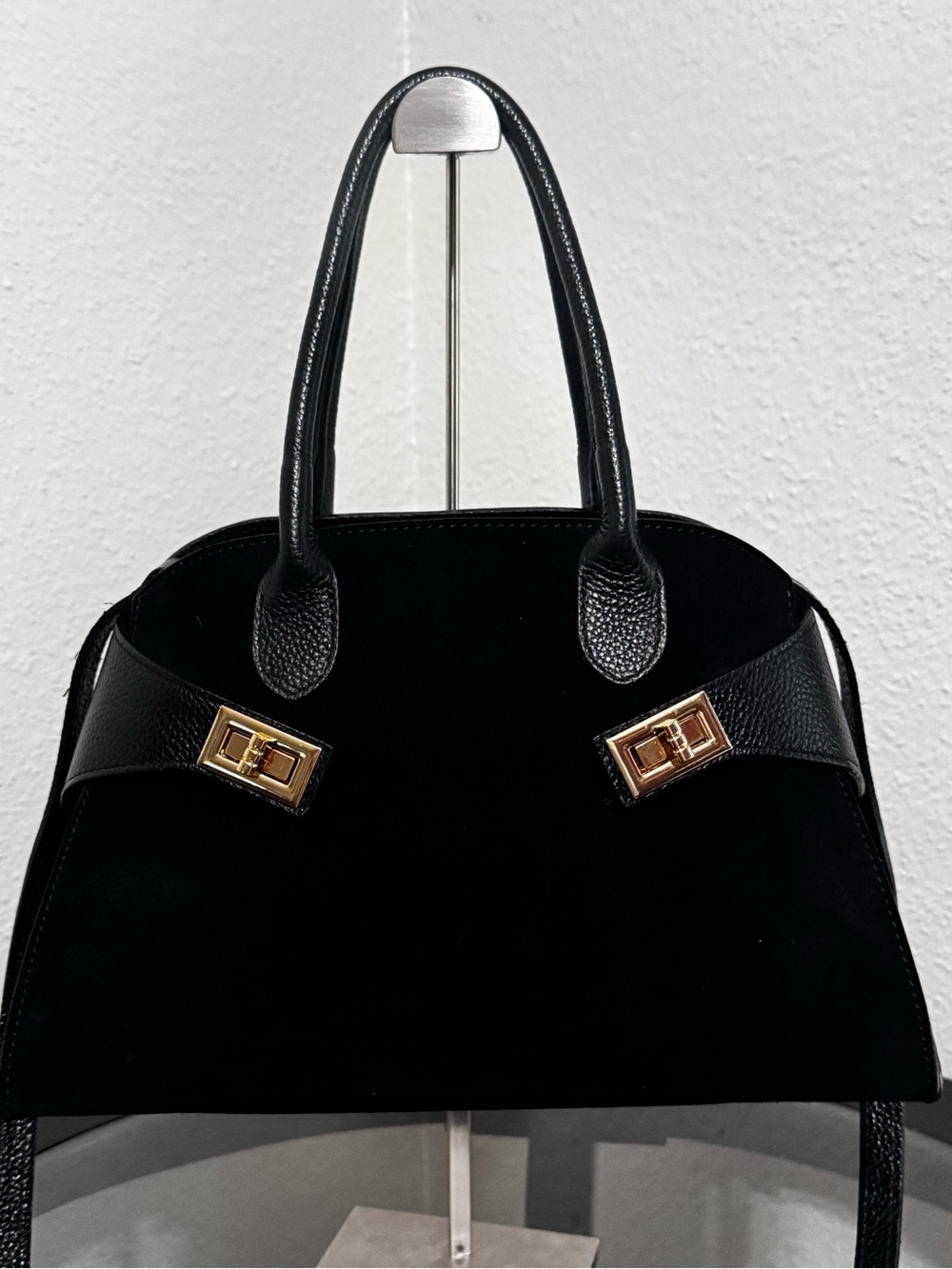 Divina Firenze Black Suede & Leather Top-Handle Satchel with Gold-Tone Hardware